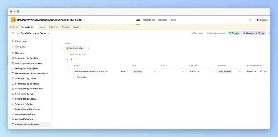 Screenshot of an Airtable Template for Project Management