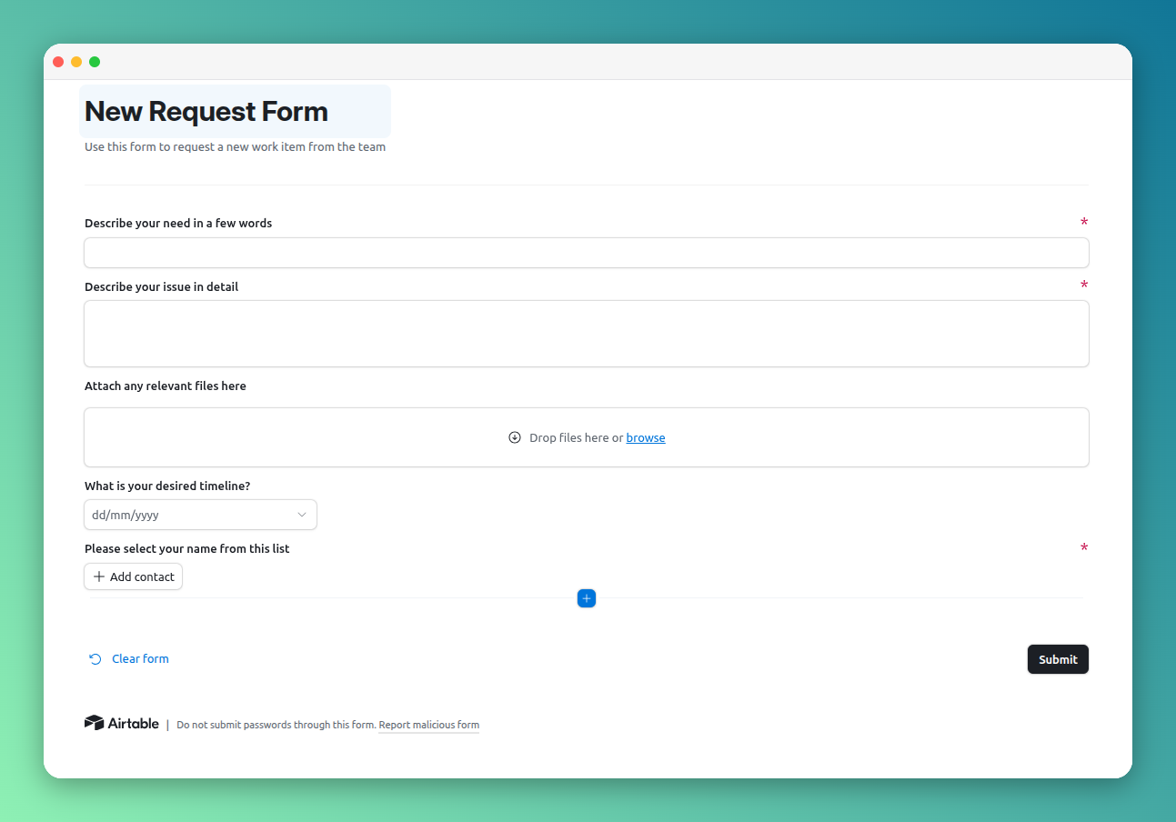 Screenshot of the Airtable template